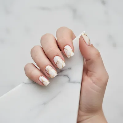 Cream Marble Squoval Nails With Delicate Gold Veining