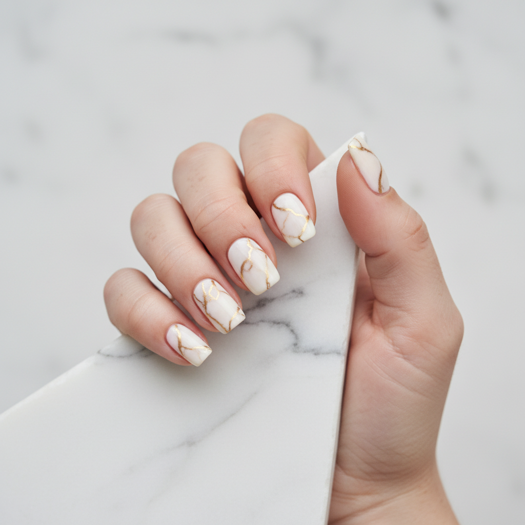Cream Marble Squoval Nails With Delicate Gold Veining