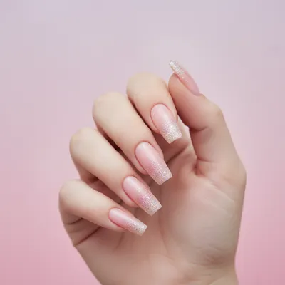 Pale-pink Coffin Nails With Sparkly Glitter Ombré Tips