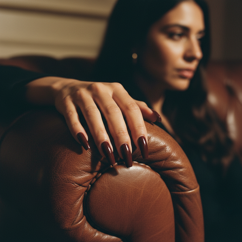 Hand Sharp on a Deep Cognac Leather Couch-arm Showing Long Oxblood Cof