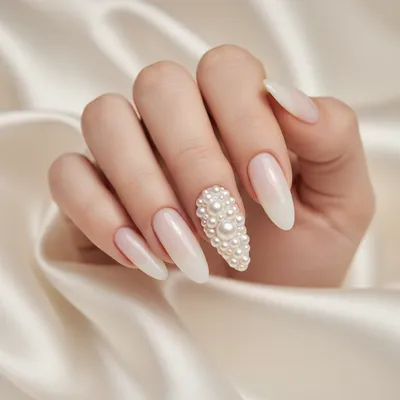 3D Pearl Cluster Nail Art — Dense Pearls Embedded Across The Ring Fing