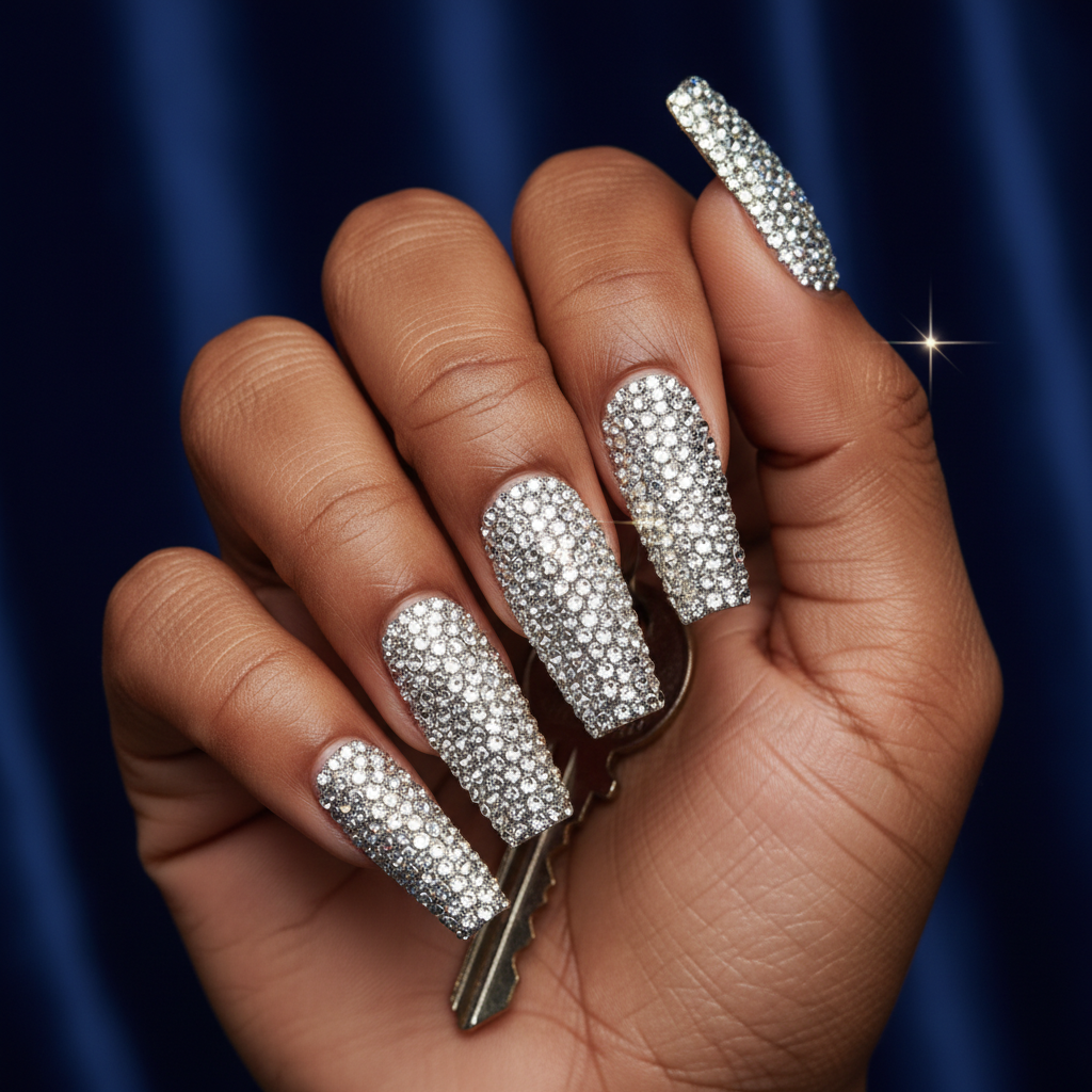 3D Rhinestone Full-coverage Long Coffin Nails — Dense Crystal Stones e