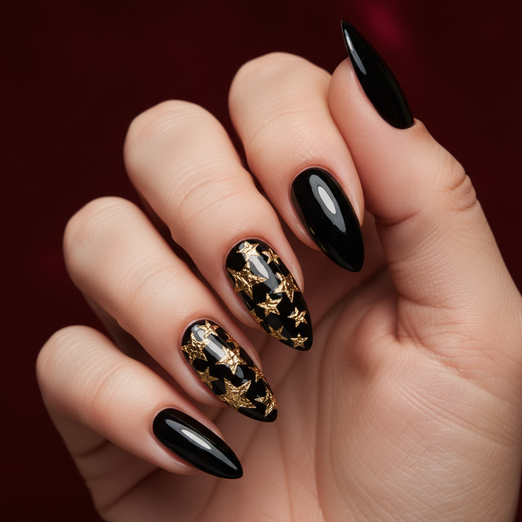 3D Gold-foil Star Nail Art Accent Stiletto — Sculpted Gold-foil Stars