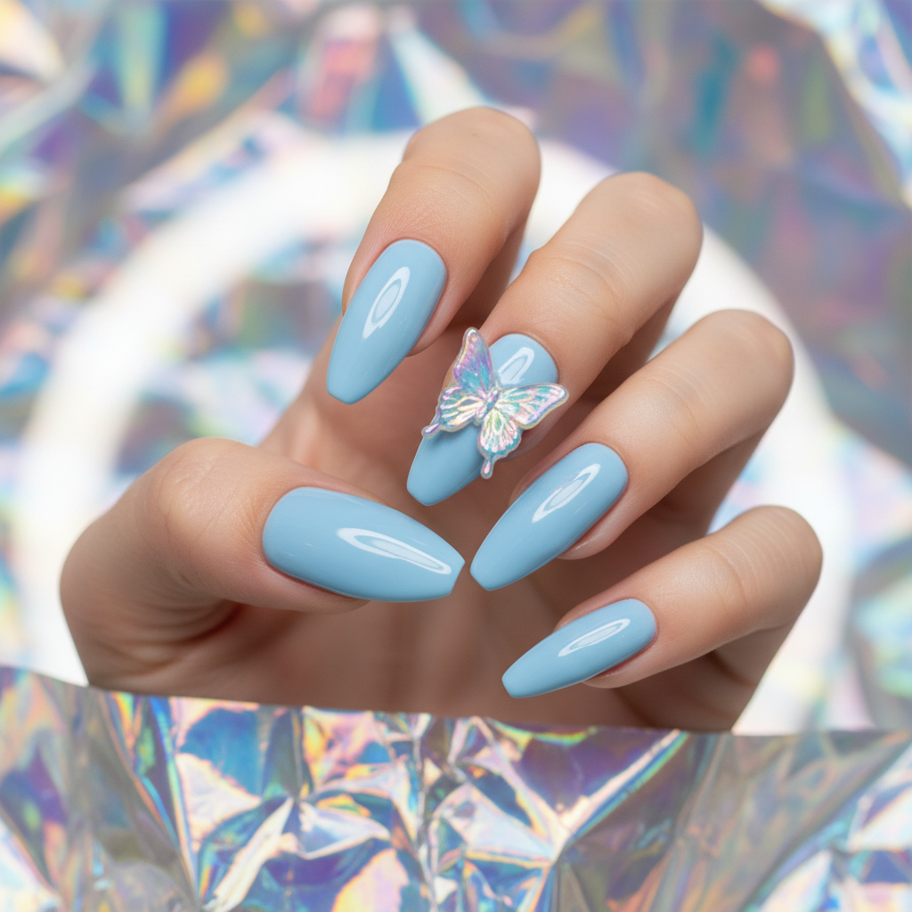3D Butterfly Charm Y2K Nail Art — Sculpted Holographic Butterfly on th