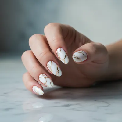 White Marble Nails With Gold Veining on Long Oval Nails