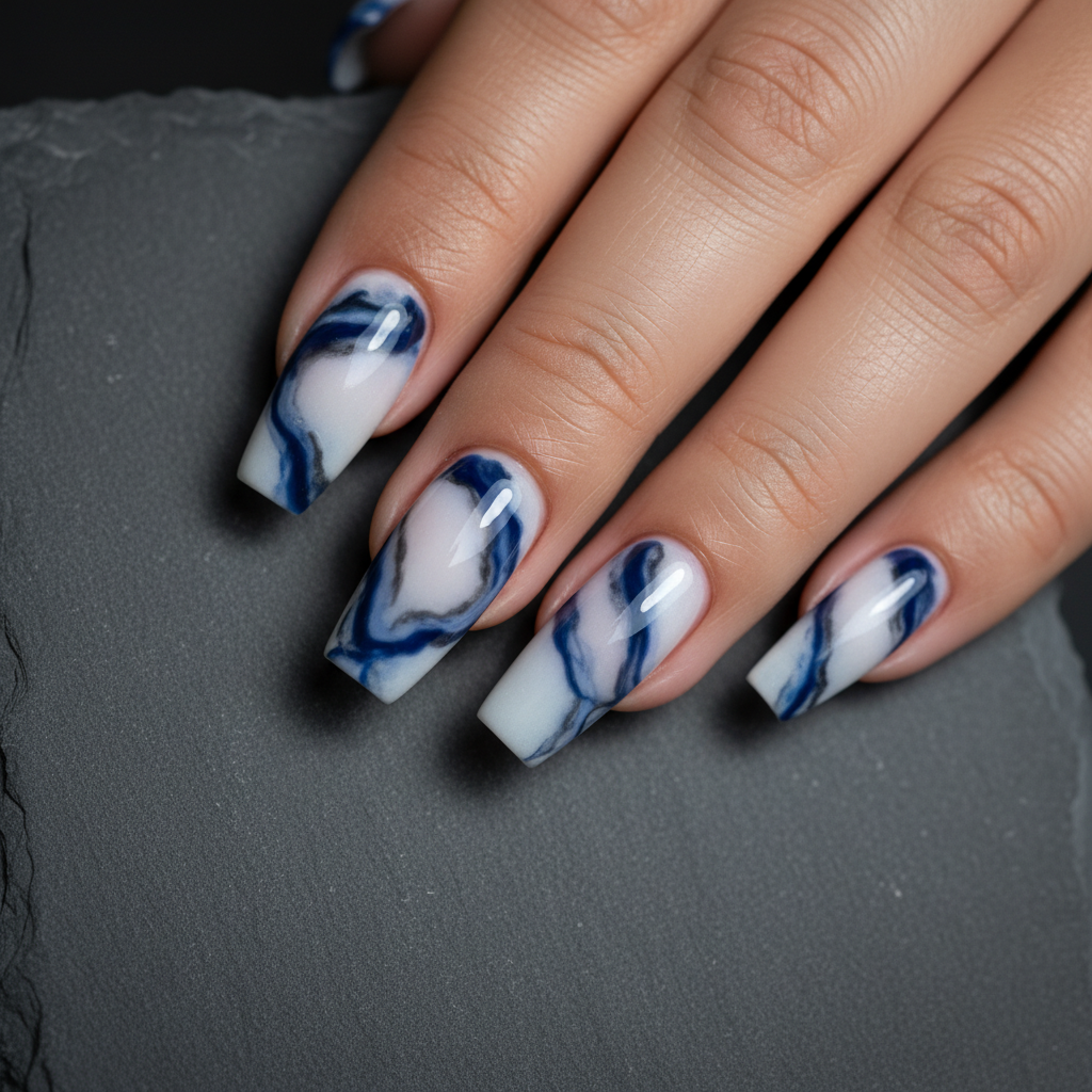 Blue Marble Abstract Long Coffin Nails — Navy And Grey Veining Swirled