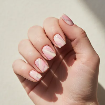 Pastel Marble Pink-and-cream Short Square Nails With Soft Swirled Vein
