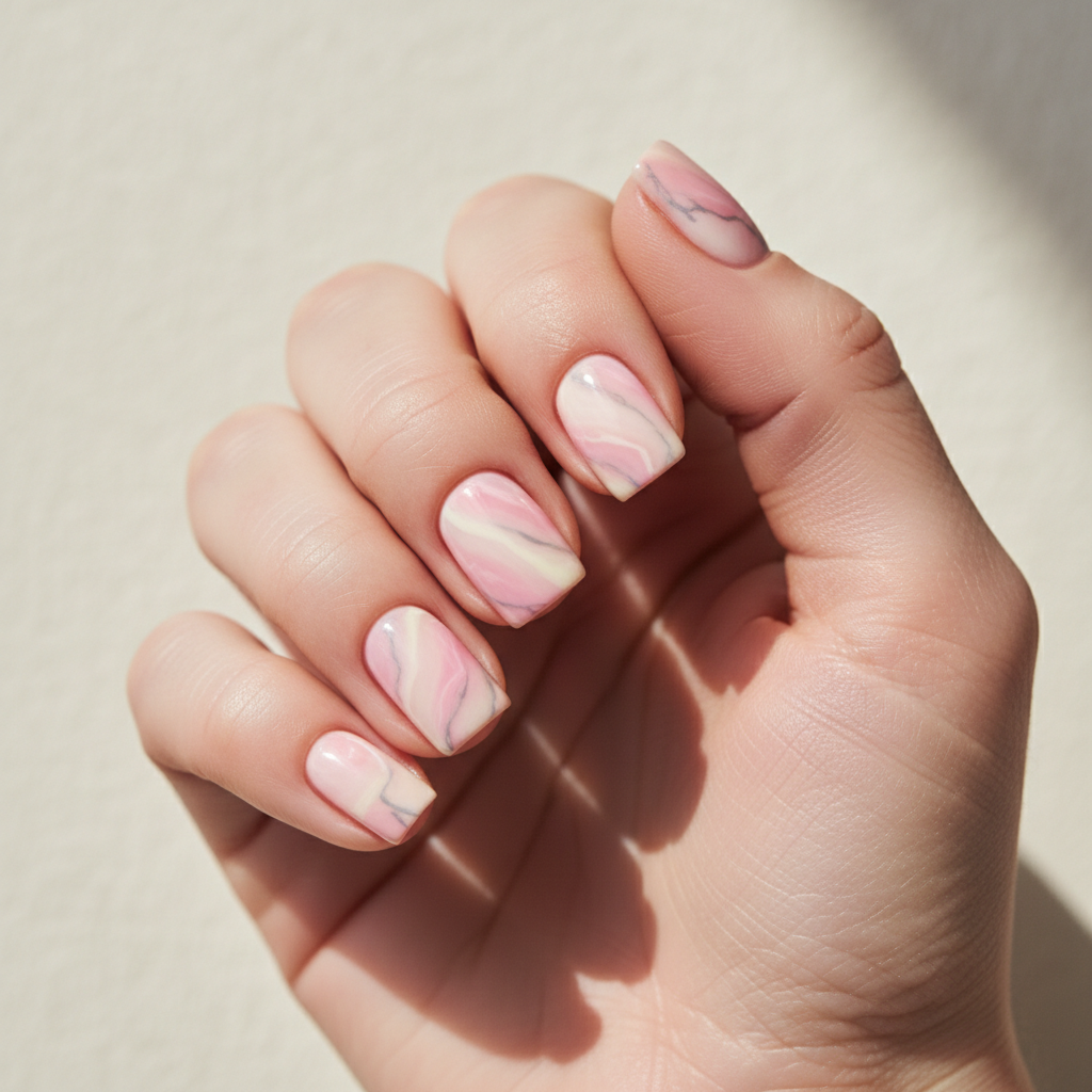 Pastel Marble Pink-and-cream Short Square Nails With Soft Swirled Vein