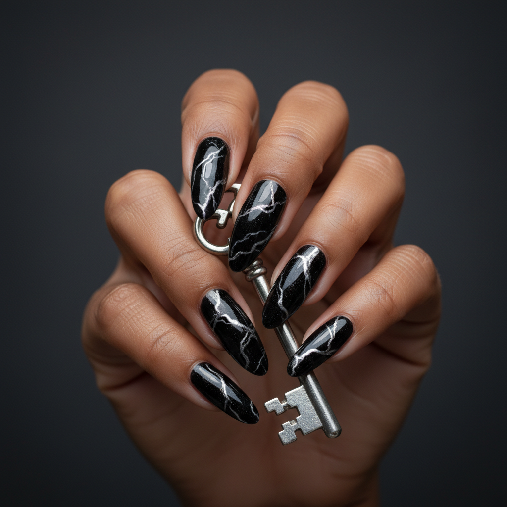Black Marble Nails With Silver Chrome Veining on Long Almond Shape