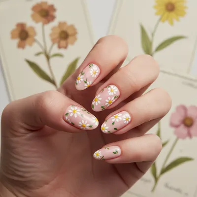Hand-painted Floral Almond Nails — Micro Daisies And Tiny Leaves on pa