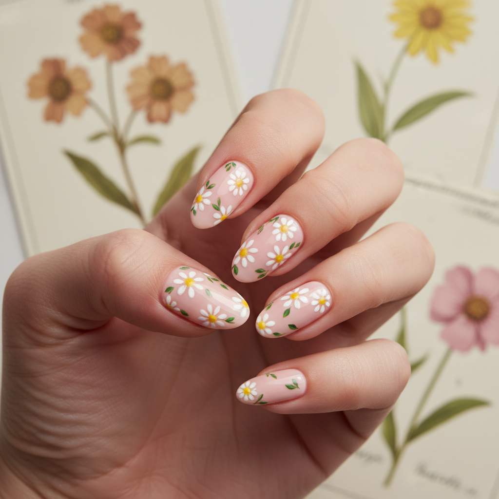 Hand-painted Floral Almond Nails — Micro Daisies And Tiny Leaves on pa