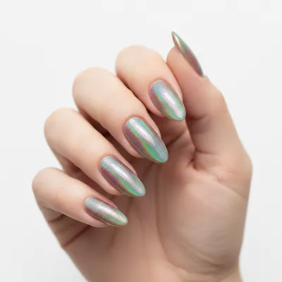 Rainbow Prismatic Holographic Long Oval Nails — Sharp Iridescent Shift