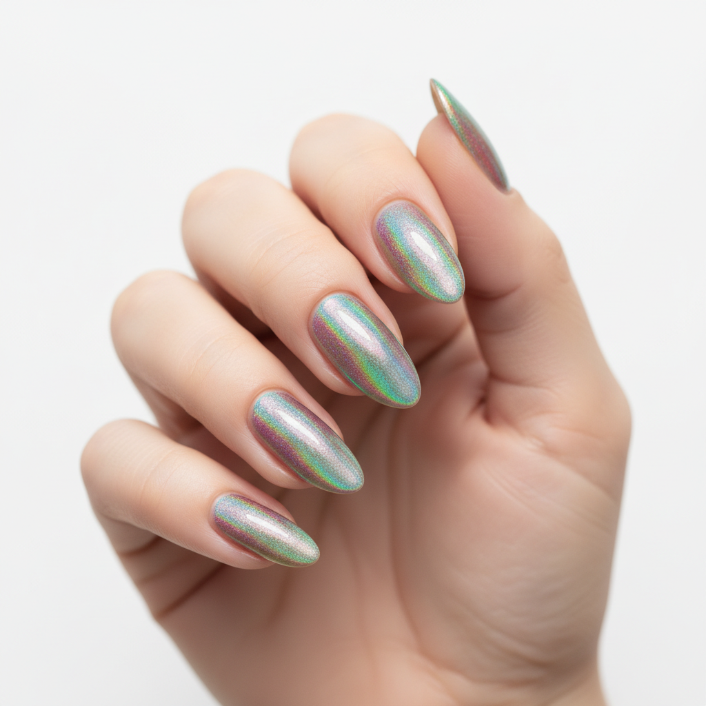Rainbow Prismatic Holographic Long Oval Nails — Sharp Iridescent Shift
