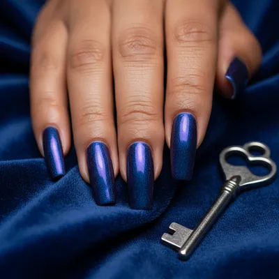 Deep-blue Base Holographic Long Coffin Nails — Purple And Violet Holo