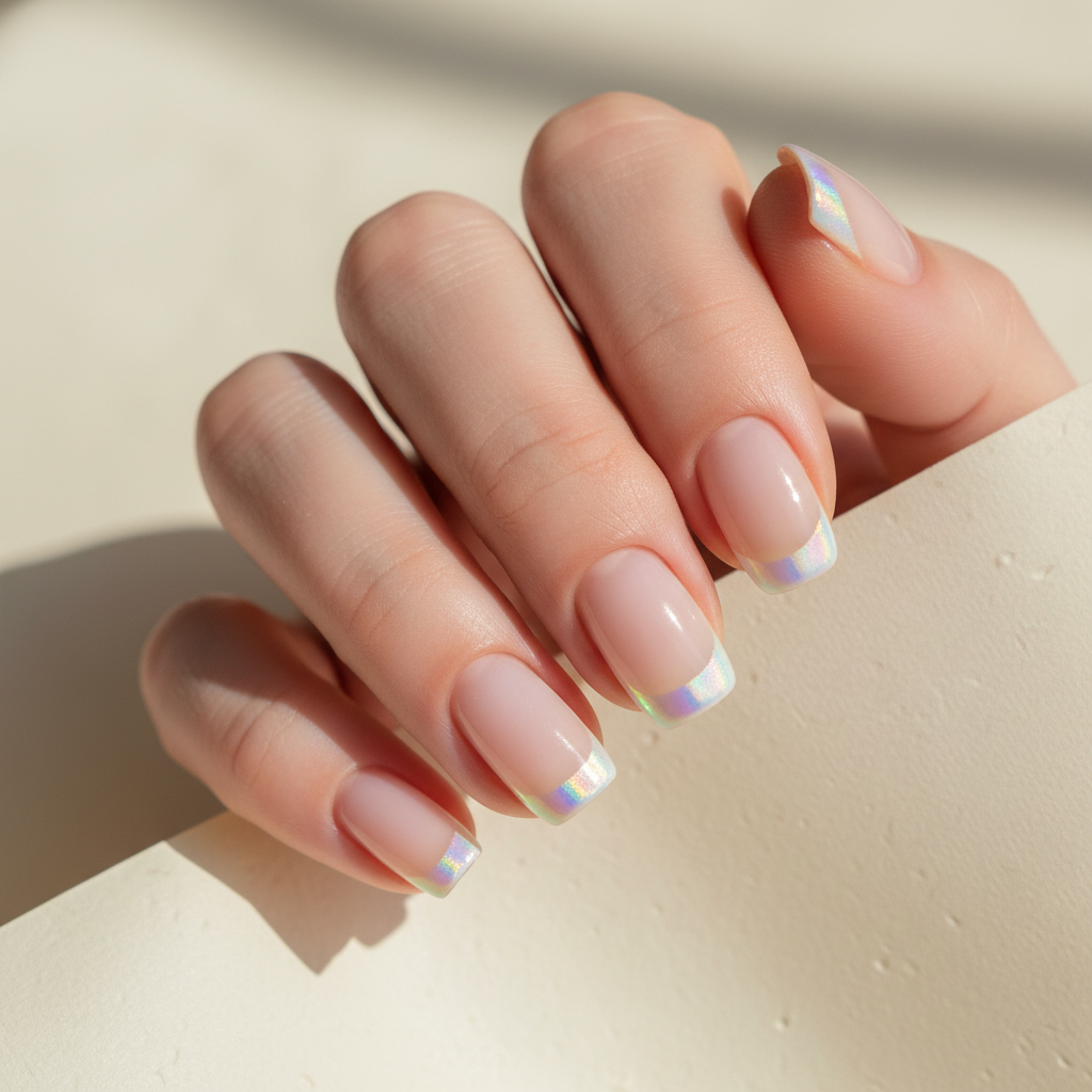 Holographic French Tip — Thin Holo Tip on a Milky Base on Short Squova