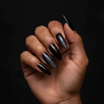 Black-base Holographic Full-coverage Long Stiletto Nails — Dense Rainb