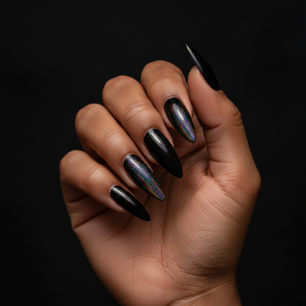 Black-base Holographic Full-coverage Long Stiletto Nails — Dense Rainb