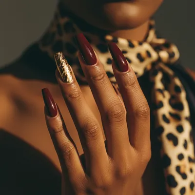 Mob-wife Long Dark Cherry Coffin Nails With a Single Gold-foil Accent