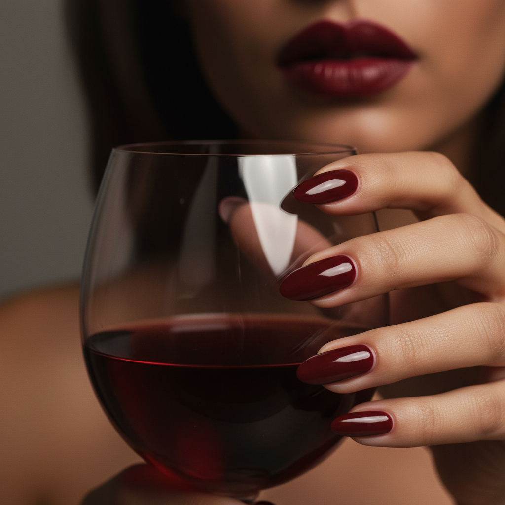 Mob-wife Oxblood Long Almond Nails — Hand Softly Draped Over a Glass o
