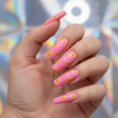 Y2K Smiley-face Long Coffin Nails — Tiny Hand-painted Yellow Smileys o