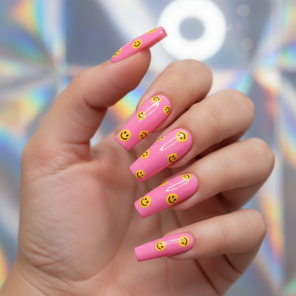 Y2K Smiley-face Long Coffin Nails — Tiny Hand-painted Yellow Smileys o