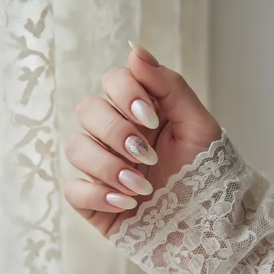 Coquette Angel-wing Accent on Long Oval Nails — Tiny Hand-painted Silv