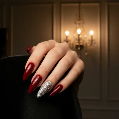Glamour Long Stiletto Nails With Full Rhinestone Coverage on The Ring