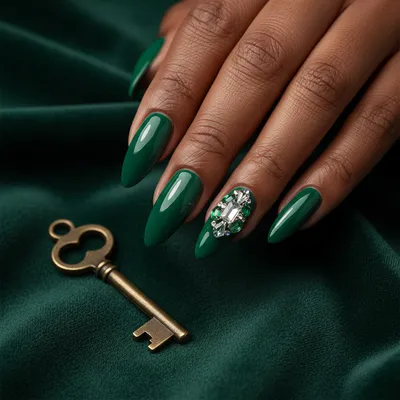 Glamour Emerald-cluster Long Almond Nails — Emerald-cut Crystal Cluste