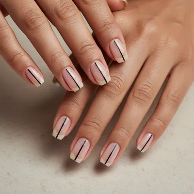 Minimal-aesthetic Short Squoval Nails — Thin Vertical Black Line Down