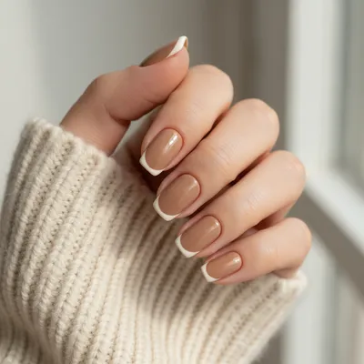 Warm Taupe Beige Squoval Nails With a Tonal Cream Micro-french Tip