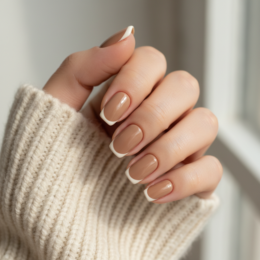 Warm Taupe Beige Squoval Nails With a Tonal Cream Micro-french Tip