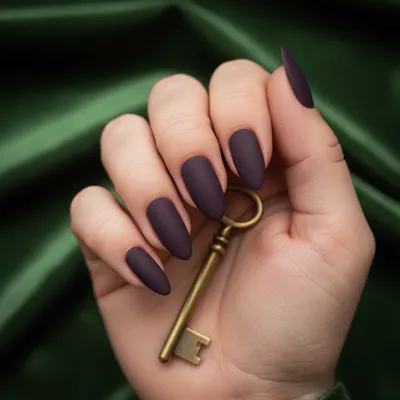 Deep Aubergine Matte Purple Long Almond Nails