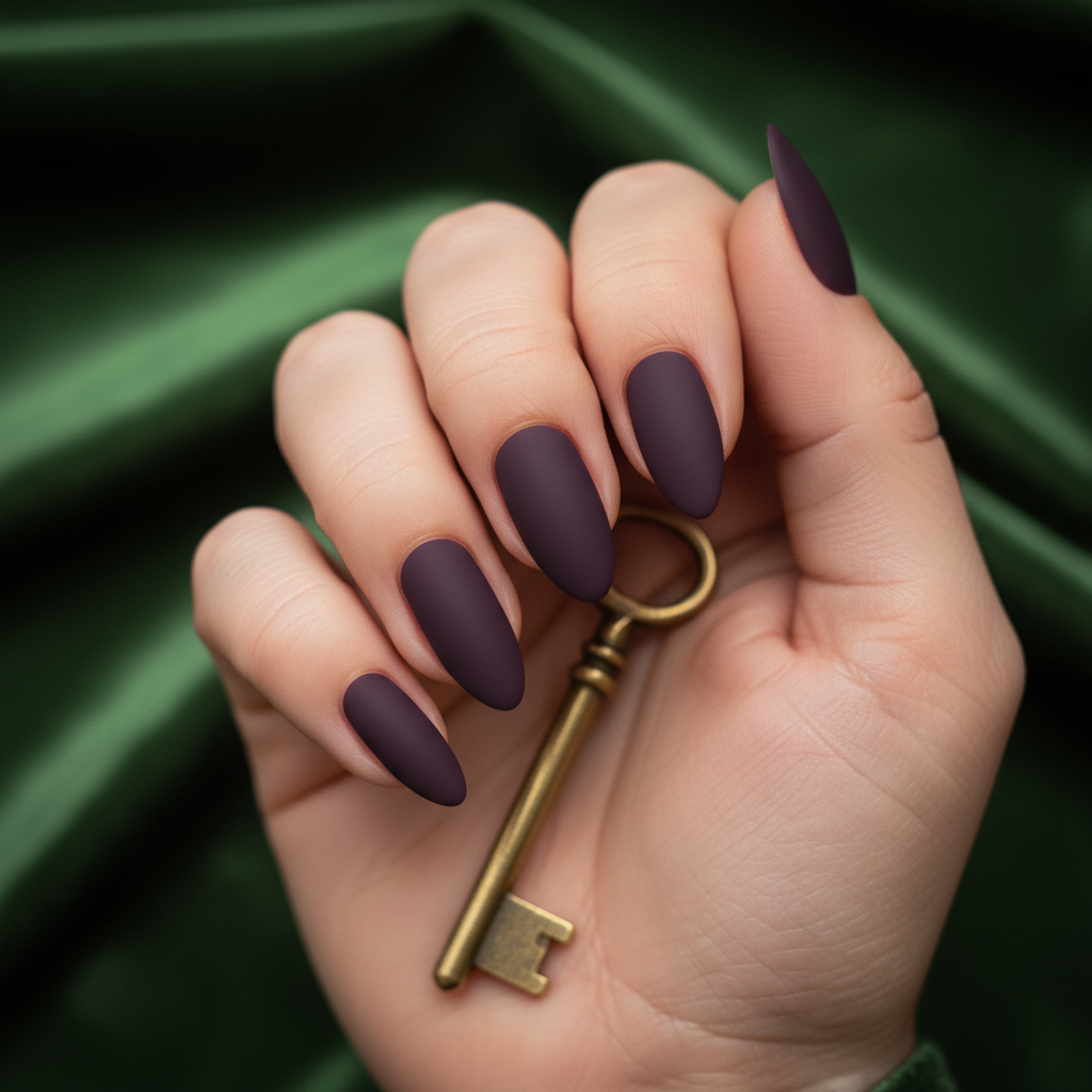 Deep Aubergine Matte Purple Long Almond Nails