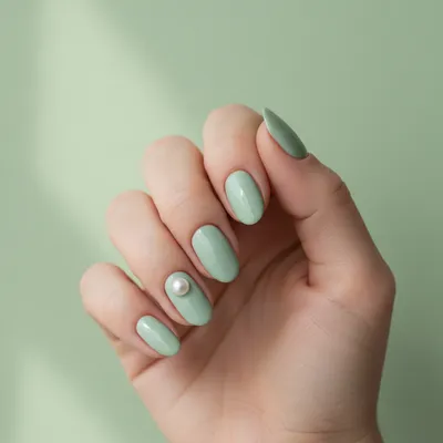 Mint Pastel Oval Nails With a Single Pearl Set on The Ring Finger