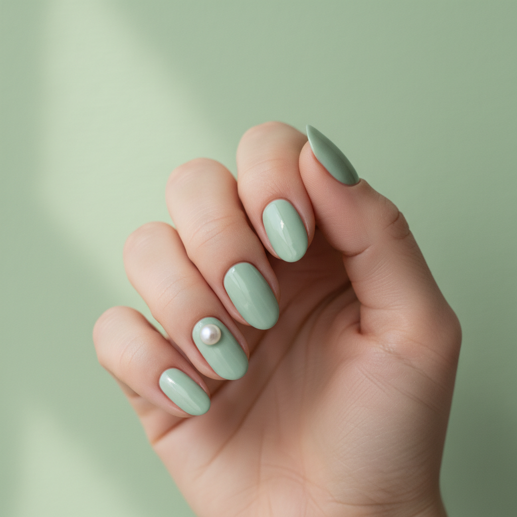 Mint Pastel Oval Nails With a Single Pearl Set on The Ring Finger