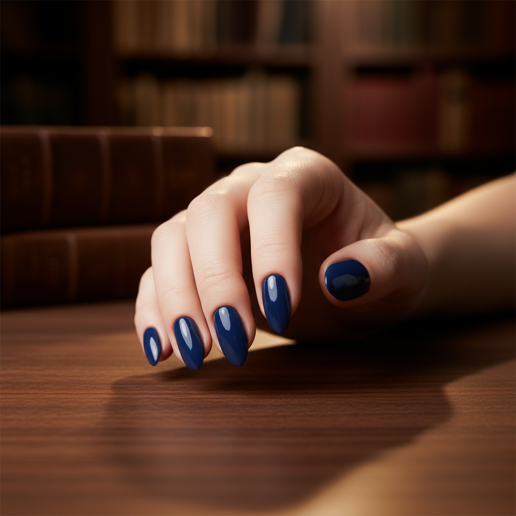 Glossy Navy-blue Almond Nails