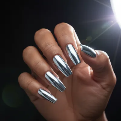 Silver Chrome Mirror-finish Long Coffin Nails — Sharp Reflective Surfa