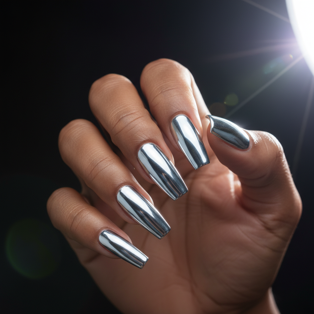 Silver Chrome Mirror-finish Long Coffin Nails — Sharp Reflective Surfa
