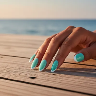 Sea-glass Turquoise Long Oval Nails With a Clean White French Tip