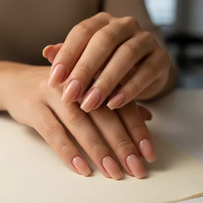 Sheer Warm Nude Long Squoval Nails — Undertone-matched on Golden-tan s
