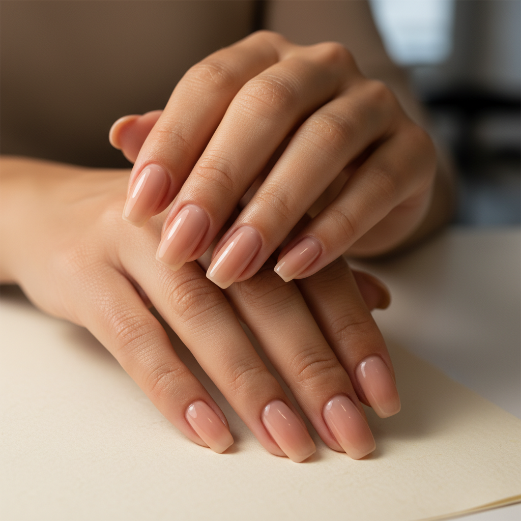 Sheer Warm Nude Long Squoval Nails — Undertone-matched on Golden-tan s