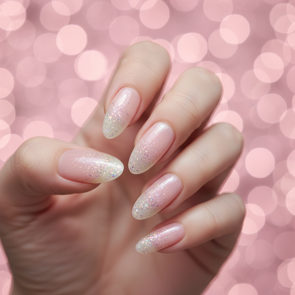 Sheer-tip Glitter-tip Ombré Long Almond Nails — Sparse Glitter at The