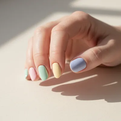 Pastel Skittles Short Oval Nails — One Pale-pink