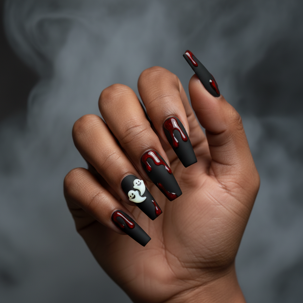 Halloween Extra-long Matte Black Coffin Nails With Hand-painted Realis