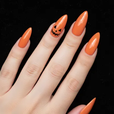 Halloween Jack-o-lantern Accent Long Stiletto Nails — Orange Glossy ba