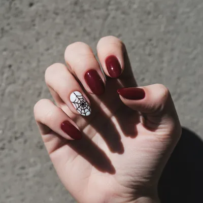 Halloween Short Almond Nails in Glossy Oxblood With Hand-painted Spide