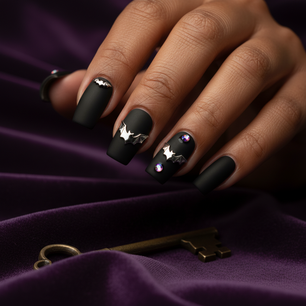 Halloween Matte Goth Black Square Nails With Silver Chrome Bat-silhoue