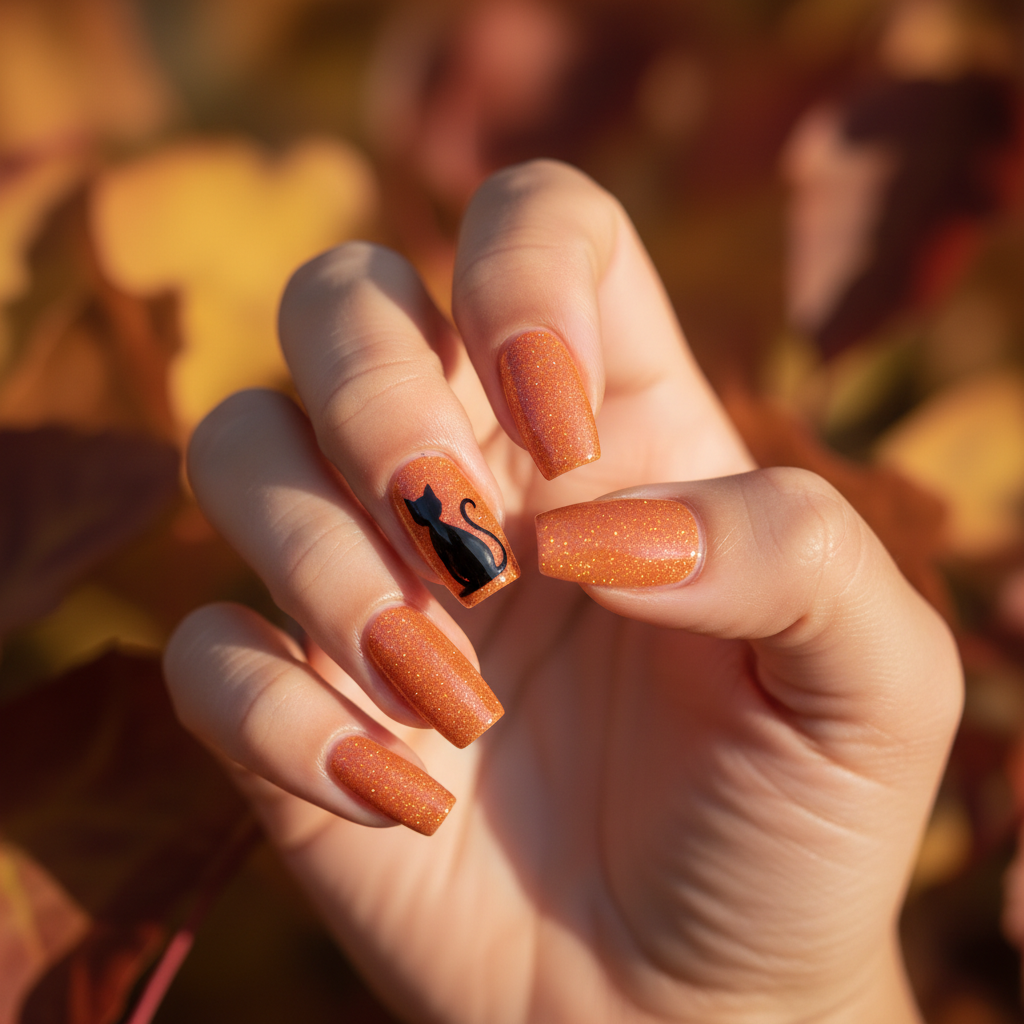 Halloween Glitter Pumpkin-orange Coffin Nails With Hand-painted Black