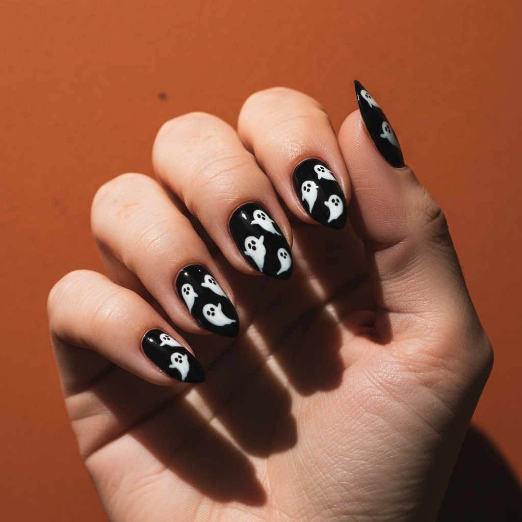 Halloween Ghost-print Short Stiletto Nails — Tiny Hand-painted White g