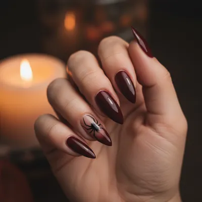Halloween Long Stiletto Nails in Mob-wife Dark Cherry Oxblood With Han